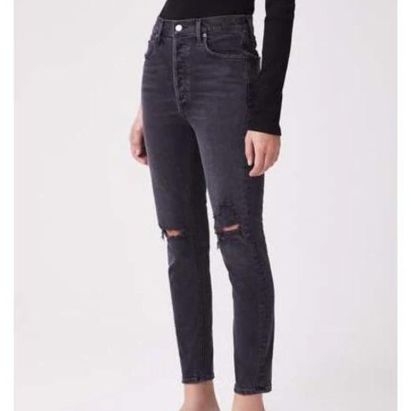 Agolde Nico High Rise Distressed Skinny Jeans In Black Cassette Size 25 - Picture 12 of 12